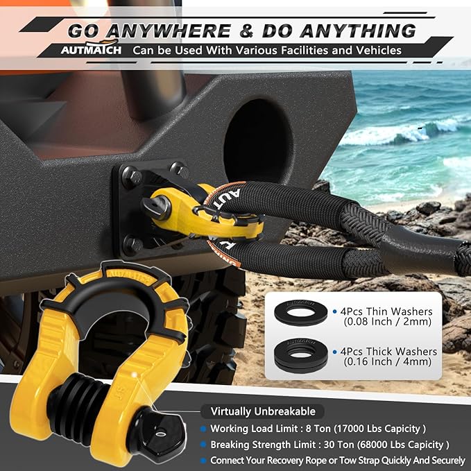 AUTMATCH D Ring Shackles 3/4" Mega Shackle (2 Pack) 68,000Ibs Break Strength - Heavy Duty Clevis Shackles with 7/8" Screw Pin and Isolator Washer for Tow Strap Winch Off Road Vehicle Recovery, Yellow