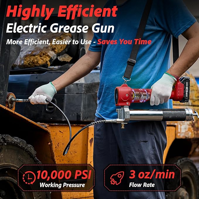Electric Grease Gun Cordless10000 PSI, Grease Gun Kit with 2×2.0Ah Batteries & Charger, 39.4" Flexible Hose & LED Light for Tractors Trucks Trailers Heavy Equipment Maintenance (Red)