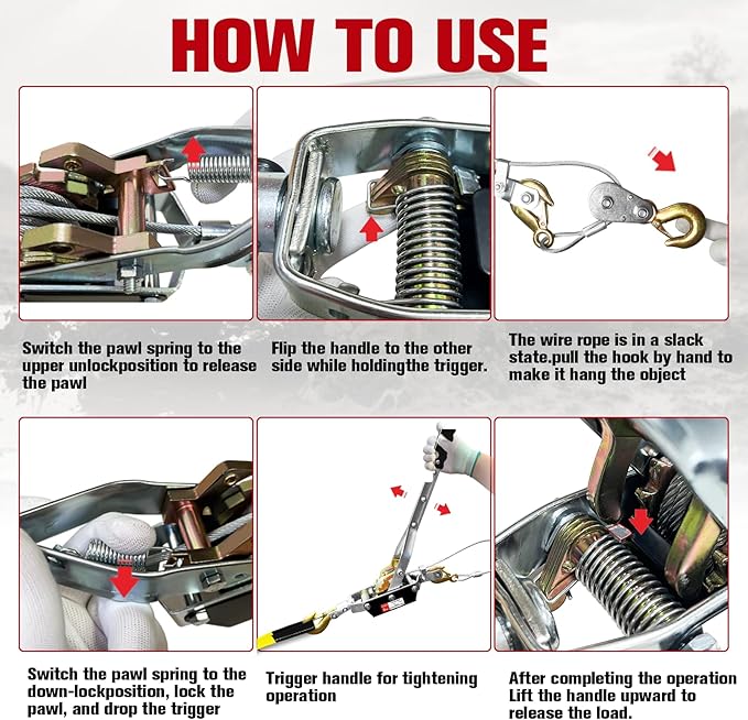 Come Along Winch, 5-Ton (10,000 Lbs) Pulling Capacity, 10Ft, 3 Hook, Heavy Duty Power Cable Come Along Tool with Dual Gears, Hand Winch Cable, Automotive Hoist Winch Puller, Recovery Gear