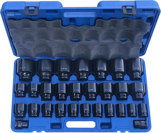 MacWork 29 Pieces Impact Socket Set, 3/4-Inch Drive, Standard, SAE 3/4 inch to 2-1/2 inch, CR-V Alloy Steel, 6-Point Sockets with a Storage Case
