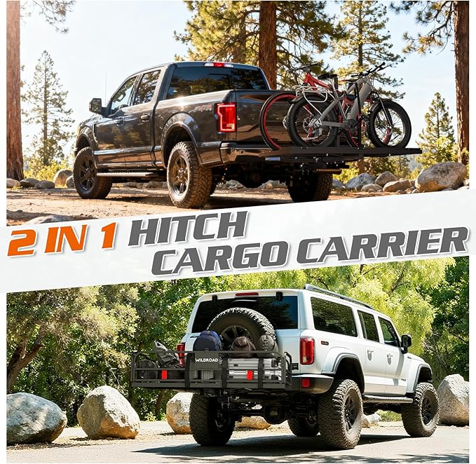Wildroad Hitch Cargo Carrier with Bike Rack 60" x 24" x 14" Folding Trailer Hitch Cargo Carrier 500 LBS Capacity for Standard, Fat Tire and Electric Bike Fits 2" Receiver 60" Basket+Bike Rack