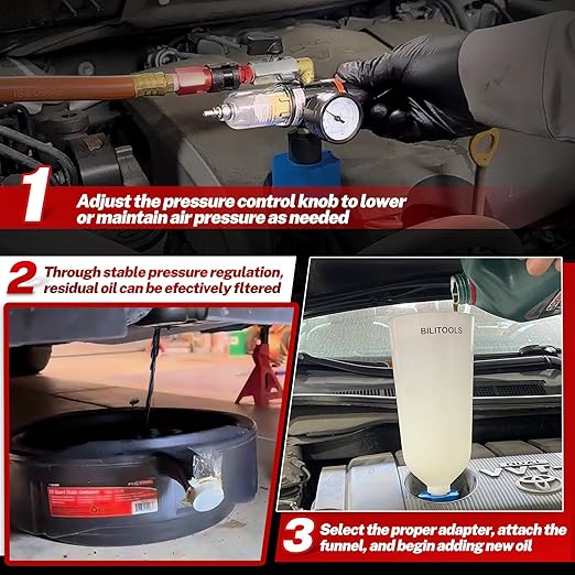 BILITOOLS 20-Piece Oil Funnel Kit for Engine Oil Change, 2.2 QT Automotive Funnel Set with 15 Adapters & Air Filter Regulator, One-Hand Operation, Compatible with GM, VW, Ford, BMW, Audi and More