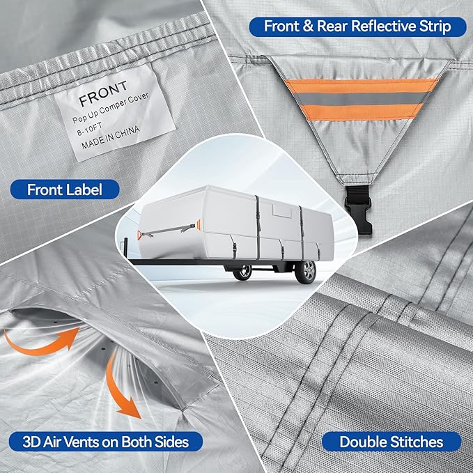 Oxford Fabric Pop Up Folding Camper Cover 14'-16' Super Waterproof Tear-Resistant Anti-UV Tent Trailer Cover for Winter Snow with Reinforced Corners, 5+2 Windproof Straps, Storage Bag