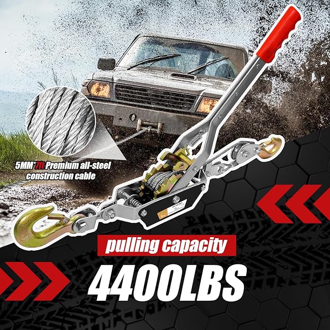 Come Along Winch Heavy Duty, 2T 2 Gears Come Along Pulling Tool, Cable Winch Puller with 2 Hooks, Come Along Power Puller Ratchet Tool, Manual Winch Ratchet Tool for Towing Lifting