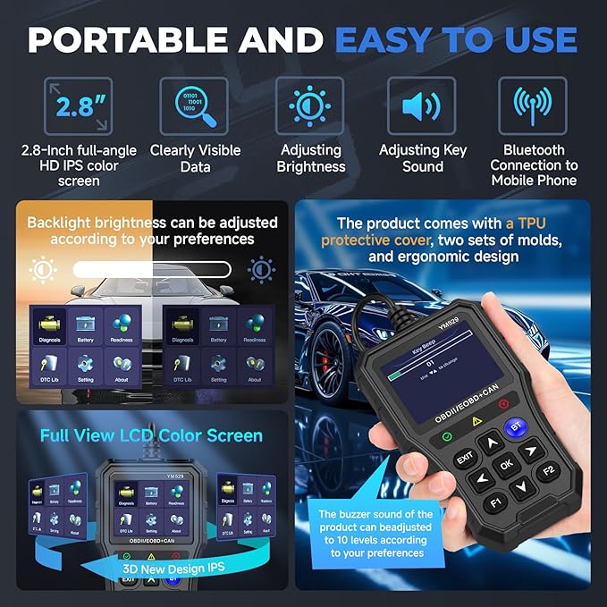 Bluetooth OBD2 Scanner with Battery Tester & Monitoring & Life Test - Support Checking Car Diagnostic Information on iPhone & Android, 2.8 inch HD Large Color Screen, TPU case Protection, Black