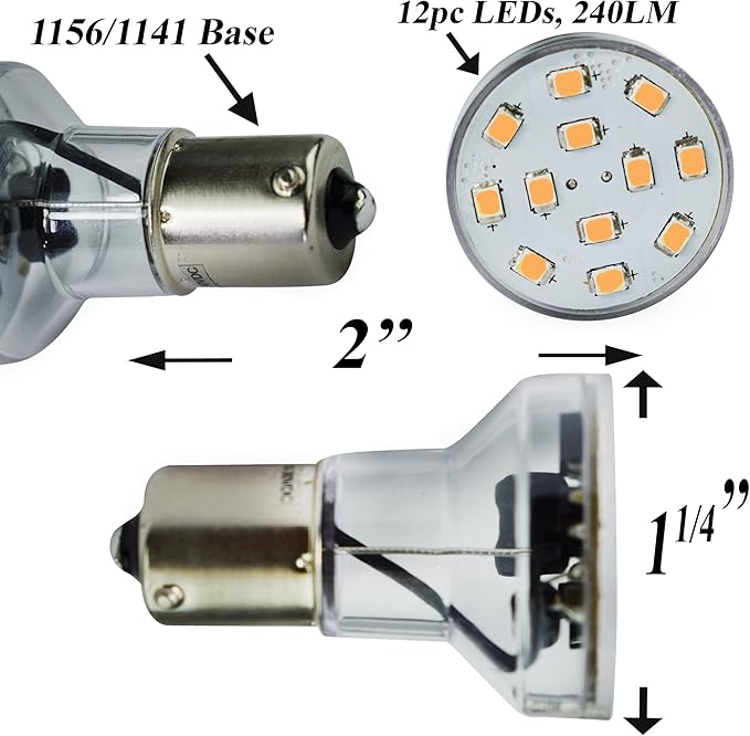 Leisure LED RV Trailer Motorhome LED Spot Light 1156 1139 1141 1383 LED Bulb 2 Watt 275 Lumen WW 10-30Volt 12Volt Long Neck (Warm White 3500K, 2-Pack Long Neck)