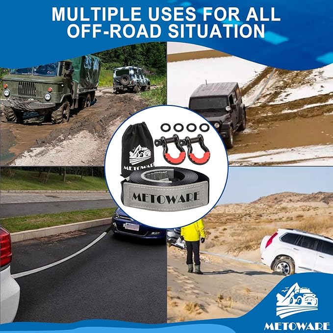 METOWARE Tow Strap Recovery Kit 3" x 30ft, Heavy Duty 35,000lbs Break Strength Tow Strap with 3/4" D Ring Shackles(2pcs) & Storage Bag, Emergency Off Road Towing Rope for SUV, UTV, ATV, Truck