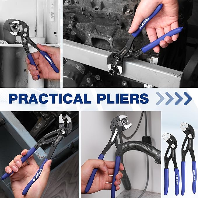 WORKPRO 7" & 10" Groove Joint Pliers Set, V-Jaw Quick Adjustable Pliers, CR-V Steel, Upgraded Wide Opening, Dual Serrated, Water Pump Plier for Home & Industrial Repair, Soft Grip