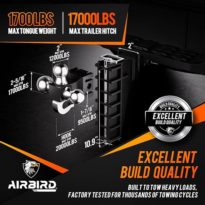 Airbird Adjustable Trailer Hitch with Hook Tri-Ball(1-7/8",2", 2-5/16") Fits 2-Inch Receiver MAX 17000 LBS GTW,Class 3 Tow Hitches 6”Drop/Rise, Heavy Duty Truck,BLK