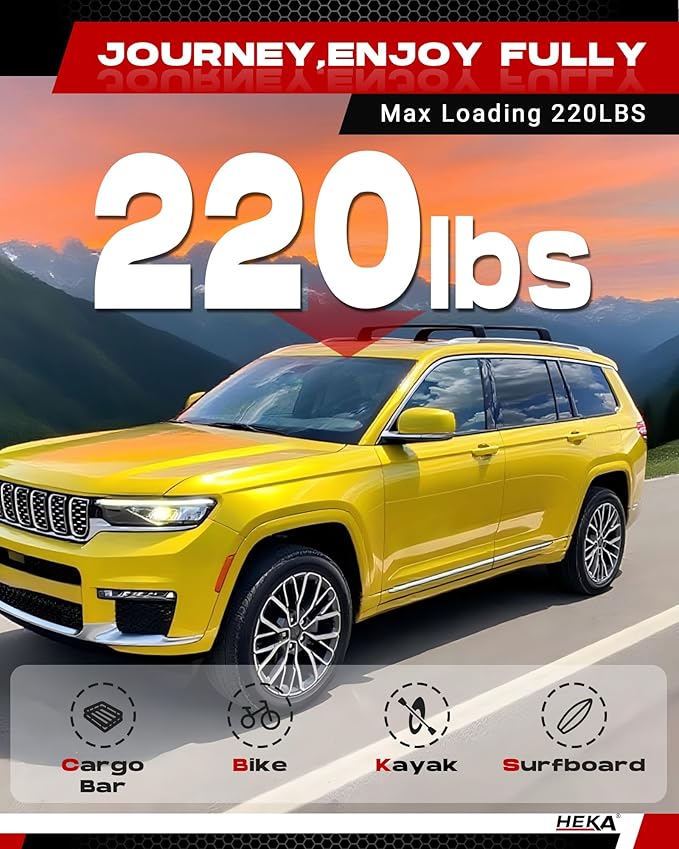 220lb Roof Rack Cross Bars Fit for Grand Cherokee L 2021 2022 2023 2024 2025 Grand Cherokee 2022 2023 2024 2025 Heavy Duty Aluminum Rails Rooftop Cargo Carriers Bikes Surfboards Kayaks Snowboards