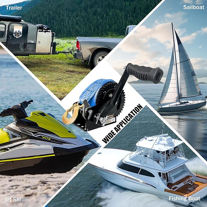 1200lbs Heavy Duty Boat Trailer Winch,Hand Winch with 33ft Blue Polyester Strap,4:1Gear Portable Winch with Hook,Two Way Ratchet and Two Speed Switchable for Boat Jet Ski Trailer