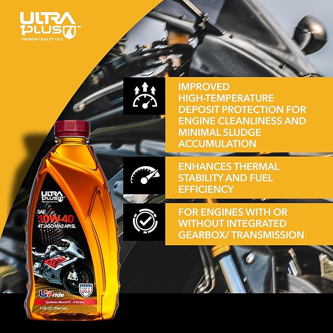 ULTRA 1PLUS SAE 10W-40 4T Motorcycle Synthetic Blend Motor Oil API SL JASO MA2-6 Quarts