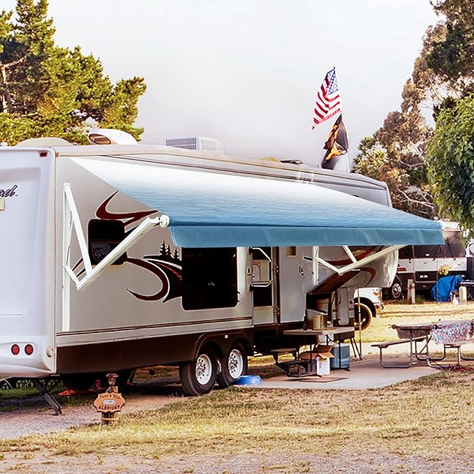 Awnlux White Motorized Modular Retractable RV Awning Full Set Assemblies for RV, 5th Wheel, Travel Trailers, Toy Haulers, and Motorhome-RV Trailer Awning for Home or Camper-20x8 Ft-Ocean Blue-
