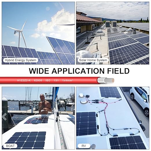 12AWG (4mm²) Tinned Copper PV Extension Cable - Solar Panel Connection Wire for Outdoor RV Marine Automotive Boat (50FT Black + Red Pair)