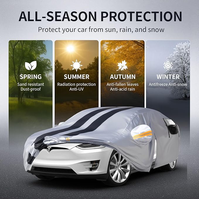 10 Layers Car Cover Custom Fit for Tesla Model Y 2020-2026 100% Waterproof All Weather Automobiles, Gift with Towel, Heavy Duty Car Covers for Rain Sun UV Protection with Door Zipper.