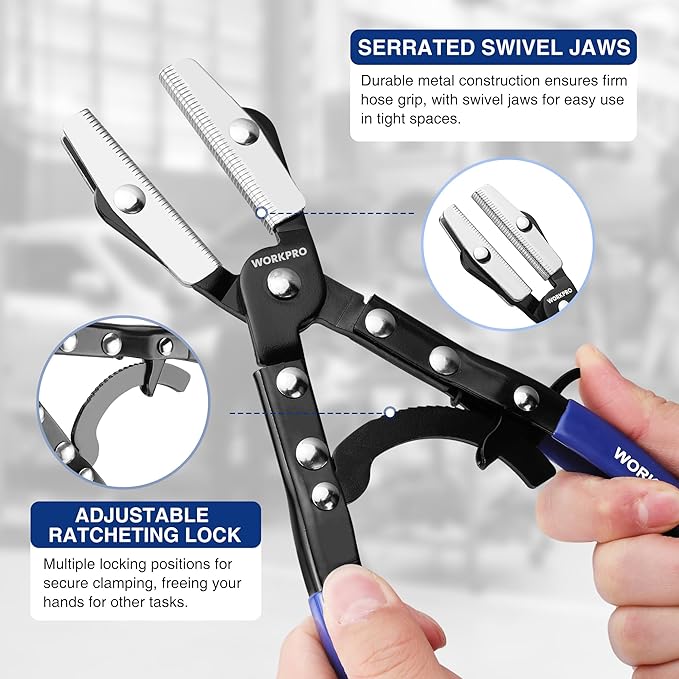 WORKPRO 3-Piece Ratcheting Hose Pinch Off Pliers Set, 8", 10", 12" Locking Hose Pinch Pliers Set with Storage Bag - for Radiator, Coolant, Automotive, Fuel Lines