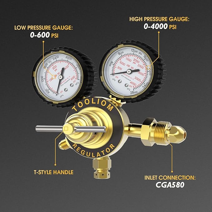 TOOLIOM Nitrogen Regulator with 6' 7" Hose CGA580 Inlet Connection, 0-600 PSI and 0-4000PSI Output Pressure, Heavy-Duty Brass Handle, 1/4'' Male Flare Outlet Connection