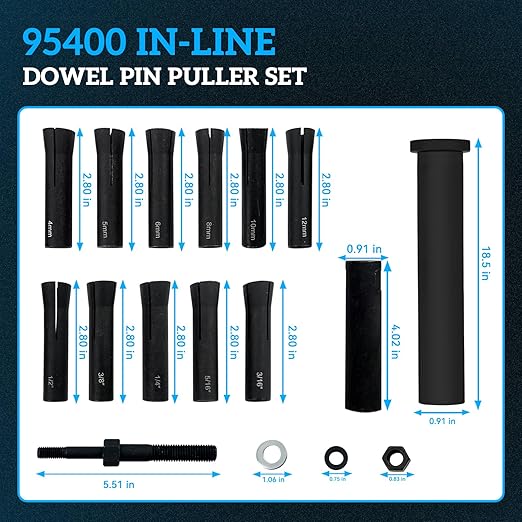 95400 in-Line Dowel Pin Puller Master Set, 18 Pcs Efficient Dowel Pin Puller Tool, SAE and Metric Collets