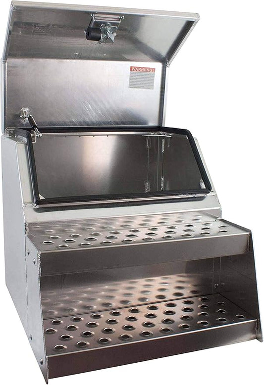 Mytee Products 24.5"x28.4"x30" Aluminum Side Mount Semi Truck Tool Box with Saddle Step Open Wide Design & T-Handle Latch Lock - Heavy Duty Weather Tight Step Tool Box for Flatbed Trailer