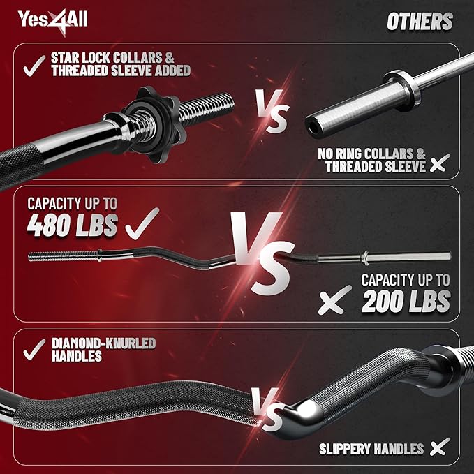 Yes4All 480LB Standard Straight Barbell 60" & EZ Curl Bar 47", Weight Bar 1" Diameter - Star Lock Collars & Rubber Ring for Deadlifts, Squats