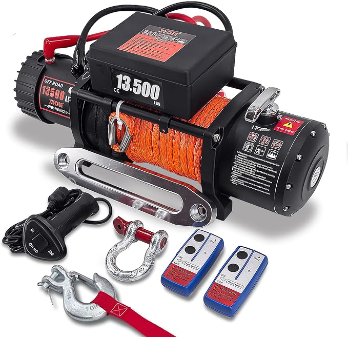 Winch13500lbs 12V WaterproofElectric Winch Synthetic Rope Electric Winch Towing Winch Boat Trailer Winch SUV 4-Wheel Drive Off-Road Vehicle with Remote Control 3/8 Synthetic Rope (Dark-Orange)