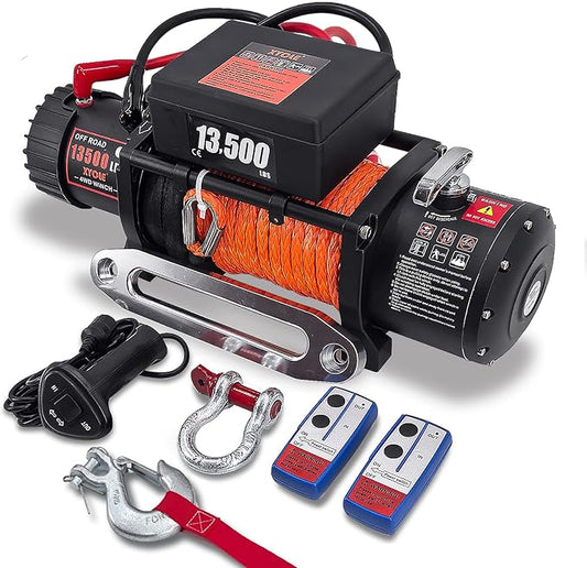Winch13500lbs 12V WaterproofElectric Winch Synthetic Rope Electric Winch Towing Winch Boat Trailer Winch SUV 4-Wheel Drive Off-Road Vehicle with Remote Control 3/8 Synthetic Rope (Dark-Orange)