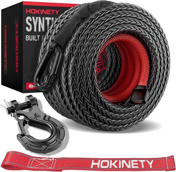 Synthetic Winch Rope Kit - 3/8" x 100' 27000 lbs Synthetic Winch Cable for ATV UTV Off-Road Vehicles with Forged Hook, Protective Sleeve and Safety Pull Strap - Black
