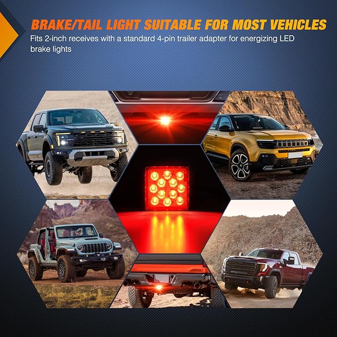 Nilight LED Brake Light Trailer Hitch Cover Square Red Lens Vehicle Tow Hitch Driving Brake Lamp 12 LEDs Brake Tail Lights with 2" Receiver for Towing Truck RV and SUV