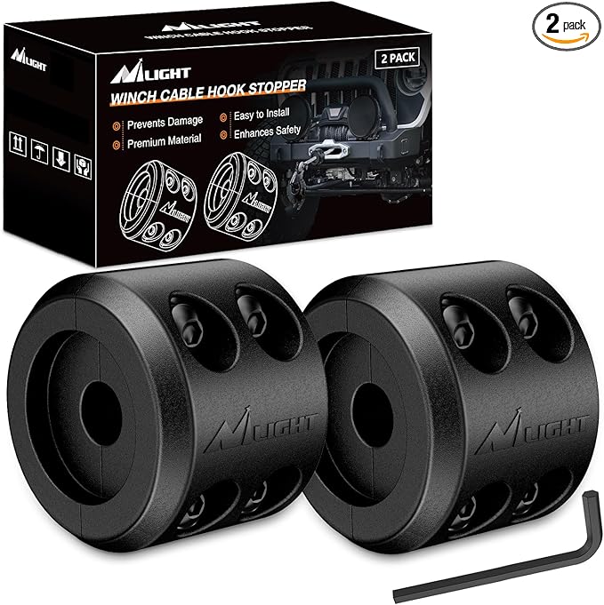 Nilight Winch Stopper for ATV UTV Truck SUV Winch Cable Hook Rubber Stopper 2 Pack Protect Towing Hook Synthetic Rope Winch Accessories Rope Line Saver with Stainless Steel Screws Allen Wrenc, Black