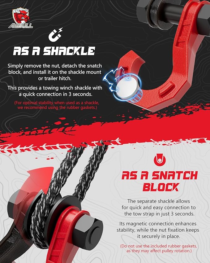 D Ring Separate Shackle with Snatch Block, 3/4" Easy Open Shackles w/Snatch Block Pulley, Heavy Duty Shackle for Towing Winch, Pulley for Off-Road Vehicle Recovery, Truck, ATV, UTV, BlackRed
