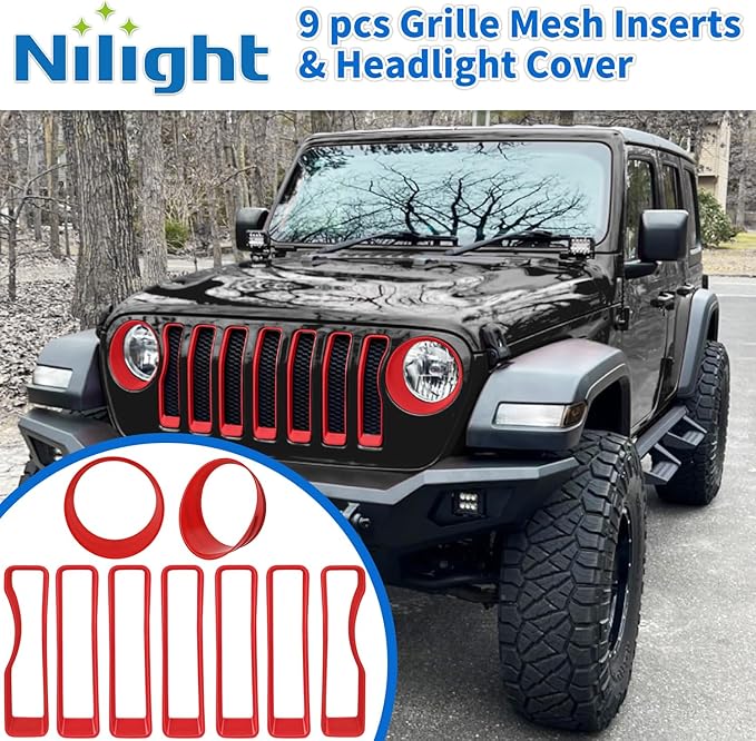 Nilight Grill Inserts fit for Jeep Wrangler Front Grille Inserts Headlight Cover Set for JL JLU Unlimited Sport SportS 2018 2019 2020 2021 2022 2023 Grille Bezels Trim Exterior Accessories Red 9 Pcs