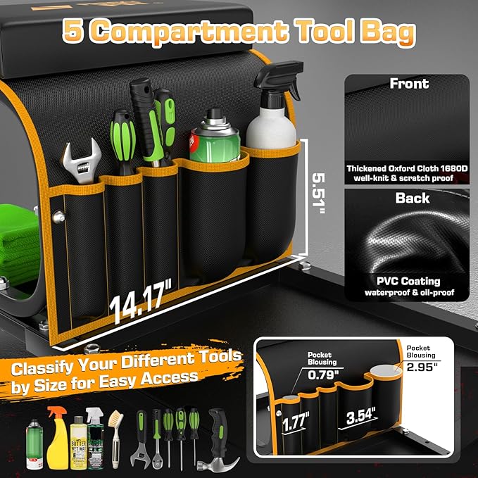 Rolling Shop Stool Chair with Wheels, Mechanic Garage Stool on Wheels, Auto Car Detailing Stools Seat with Tool Tray Storage for Garage Work, Workshop, Home, Garden, DIY, 300 LBS Capacity, Yellow