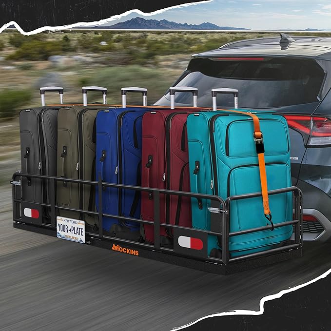 Mockins 60"x24"x14" High Rail Car Trailer Hitch Cargo Carrier w/Plate Bracket | 500 Lbs. Capacity Folding Luggage Rack for SUV, Car & Truck | 2" Receiver Hitch Cargo Rack w/Stabilizer, Straps, & Net