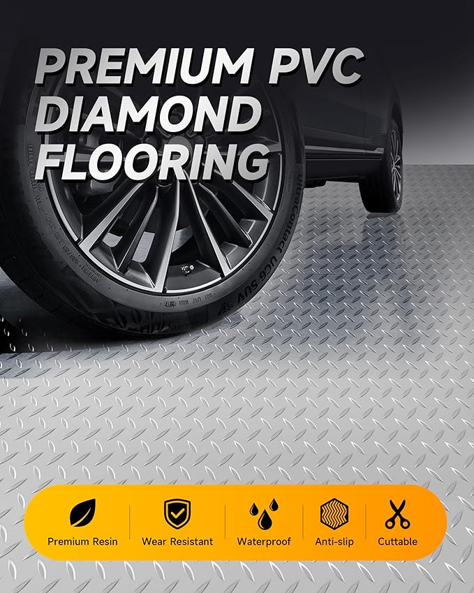 8x20 FT Garage Floor Mat, 2.8mm Thick Premium PVC Resin Flooring Roll | Heavy Duty & Durable | Diamond Plate Protector for Car, SUV, Pickup, Trailer, Gym & Basement (Silver)