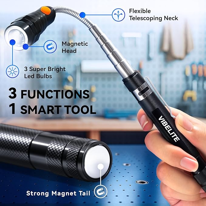 VIBELITE Extendable Magnetic Flashlight with Telescoping Magnet Pickup Tool-Cool Gadget Christmas Gifts Stocking Stuffers for Men, Teen Boys, Husband, Dad, Father, Mechanic, Him, Women, Black