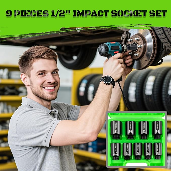 1/2" Drive Impact Socket Set, 9-Piece Metric Deep Axle Nut Sockets, 6-Point, Cr-Mo, 29mm, 30mm, 31mm, 32mm, 33mm, 34mm, 35mm, 36mm,38mm