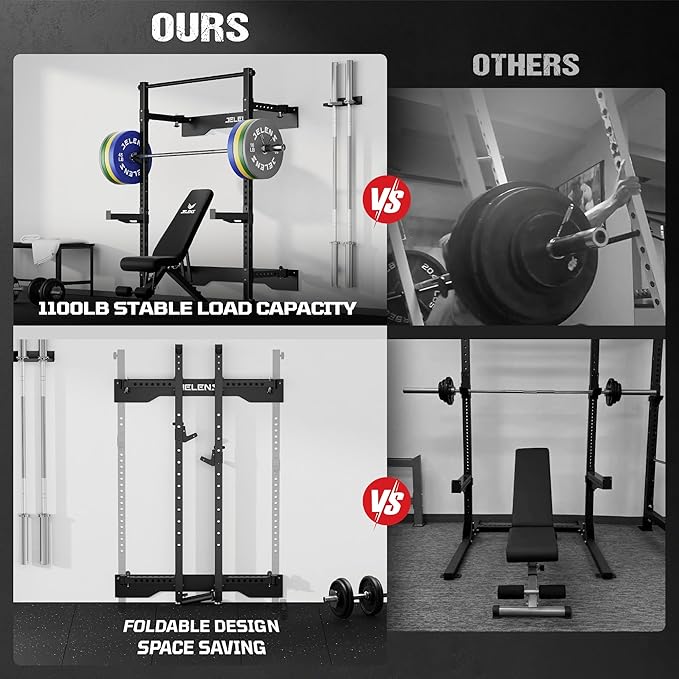 Folding Squat Rack, Wall Mounted Power Rack for Home Gym, Space Saving Multi-Functional Power Cage with Attachments