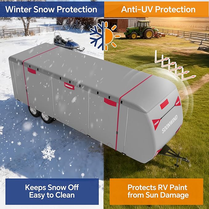 Heavy Duty 7 Layers RV Cover, Camper Cover & Travel Trailer Cover 24-27ft, Waterproof Windproof All-Weather Protection with Tongue Jack Cover, Gutter Covers & Reinforced Straps - Red