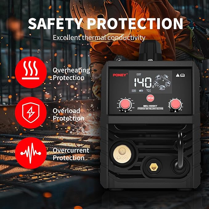 PONEY 140A MIG Welding Machine 110V/220V - 5 in 1 MIG/MAG/FLUX/TIG LIFT/MMA Welder Machine with Synergic Control IGBT Inverter and Digital Screen Display