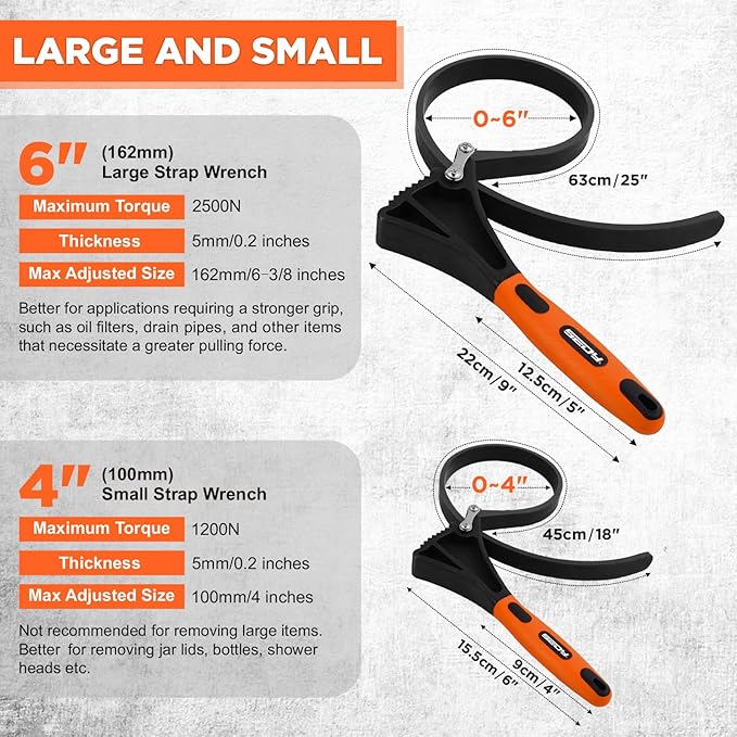 2-Piece Strap Wrench Set, Adjustable Rubber Oil Filter Wrench Max Diameter 4" and 6", Jar Opener Set Heavy Duty Blet Wrenches for Drain Sewer Cap Sink Pliers Nut Shower Head Valve Removal