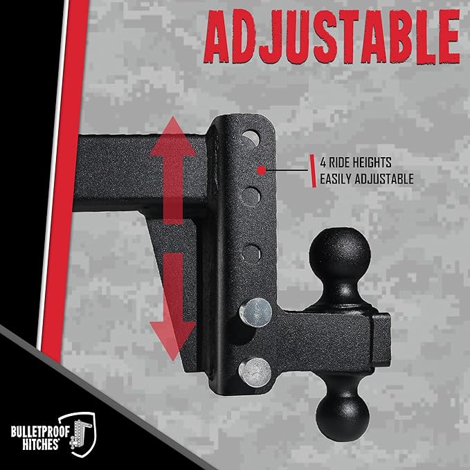 BulletProof Hitches - 2.5" Adjustable Medium Duty Trailer Hitch (14,000 lb. Rating) - 4" Drop/Rise Trailer Hitch with 2" & 2-5/16" Dual Ball - Powder Coat, Box Steel, Corrosion-Resistant
