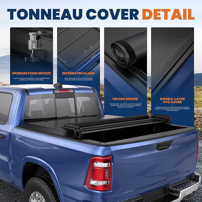 Roll-Up Soft Vinyl Truck Bed Tonneau Cover Fleetside Compatible with 2003-2024 Ram 2500 3500(No RamBox) On Top (8 FT Feed Bed) Bed Cover