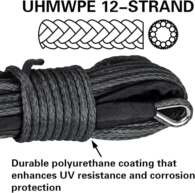 ATV UTV Synthetic Winch Rope 3/16" x 50 ft, 8,300 lbs Pulling Strength, with Protective Sleeve, Safety Pull Strap for ATV, UTV, and Offroad Vehicles (Black)