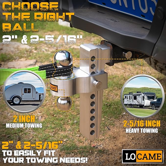 LOCAME Adjustable Trailer Hitch, Fits 2-Inch Receiver Only, 10-Inch Drop/Rise Aluminum Drop Hitch, 12,500 LBS GTW-Tow Hitch for Heavy Duty Truck with Double Stainless Steel Locks, Silver, LC0005