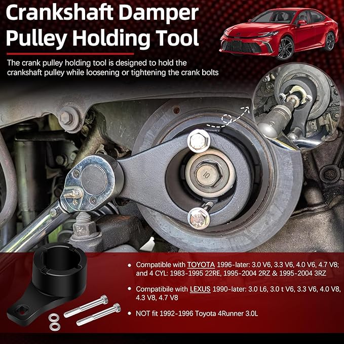 Sunluway for Toyota/Lexus Crankshaft Damper Pulley Holding Holder Tool fits 3.0L 3.3L V6, 4.0L 4.3L 4.7L V8 Engine Crank Pulley Tool Harmonic Damper Tool with 2PCS Crank Bolts