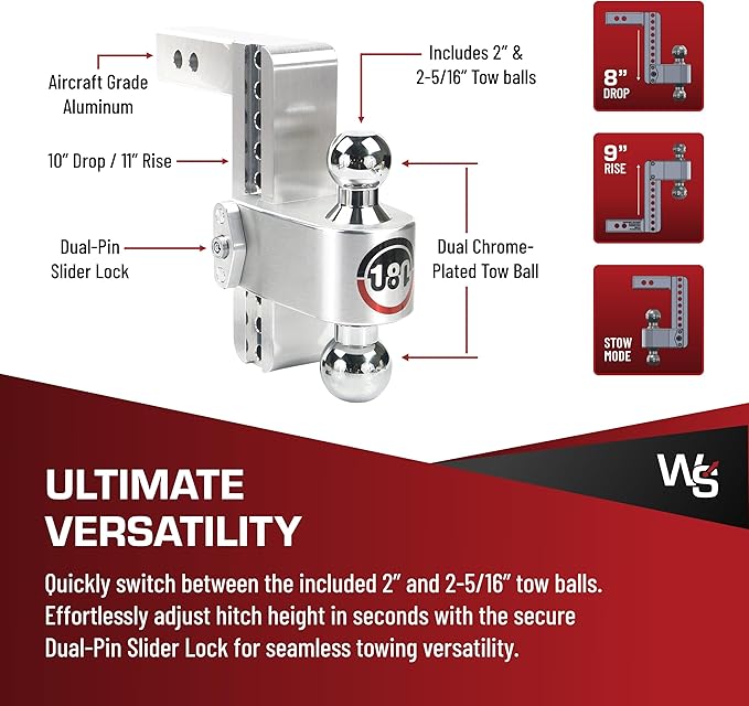 Weigh Safe 180 Hitch - Adjustable Trailer Hitch Ball Mount - 8" Adjustable Drop Hitch for 2" Receiver - Heavy Duty Aluminum Trailer Tow Hitch w/ Chrome Plated Tow Balls (2" & 2 5/16") - 12,500 GTW