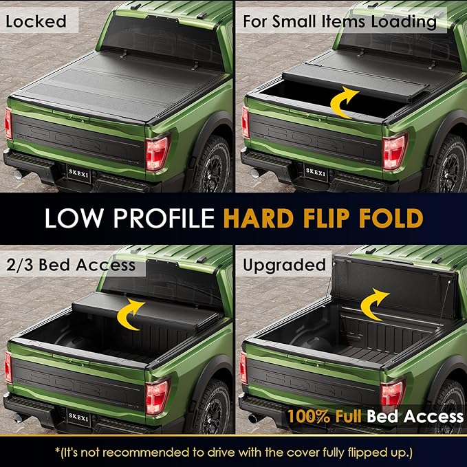 Low Profile Tonneau Cover Truck Bed for Ford F150 6.5 ft (78.9") 2015-2025, Fully Folded Vertical Clearance Hard Flip Fold Locking Drill-Free Install Waterproof Fiberglass Anti-Theft Security
