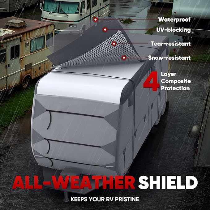 KING BIRD Oxford Fabric Travel Trailer RV Cover, 600D Oxford Camper Cover 30-33 ft Tearproof Waterproof Windproof Travel Trailer Cover with 2Pcs Extra Straps, 6 Gutter Covers & 4 Tire Covers