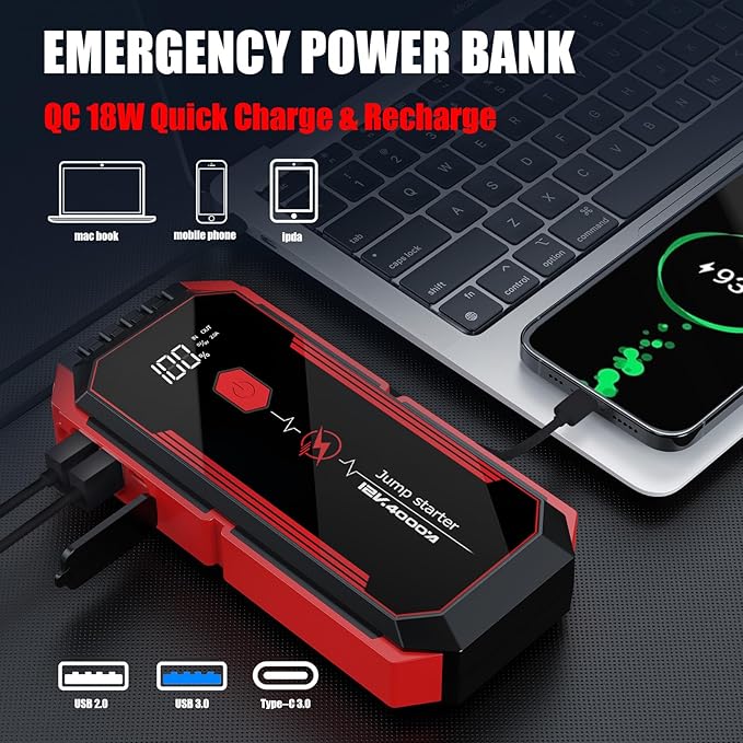 Car Battery Jump Starter 4000A: Battery Jumper Starter Portable Charger with Jumper Cables, 12V Auto Jump Starter Battery Pack - Car Starter Jump Box for All Gas & 10.0L Diesel Engines, Black & Red