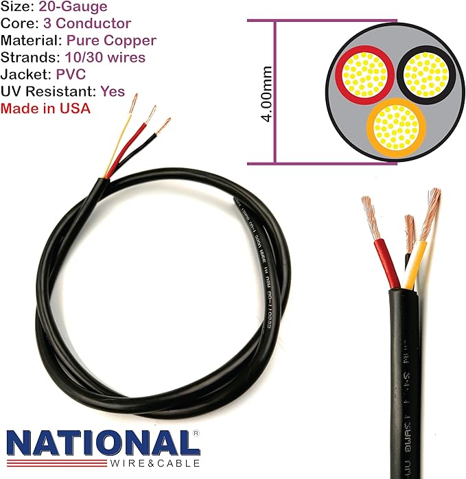 NATIONAL Wire & Cable – 20 AWG 3-Conductor Premium Copper Wire, 500 ft, Stranded | Made in USA, Flexible Jacket | Electronics, Controls, DIY Wiring, Indoor and Outdoor Use